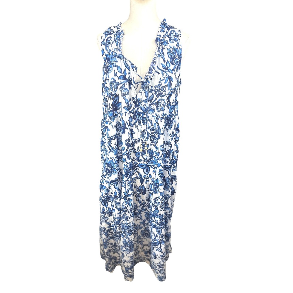 True Destinations SZLGE Blue Floral Maxi Dress Tie Neck Sleeveless Tiered Cotton